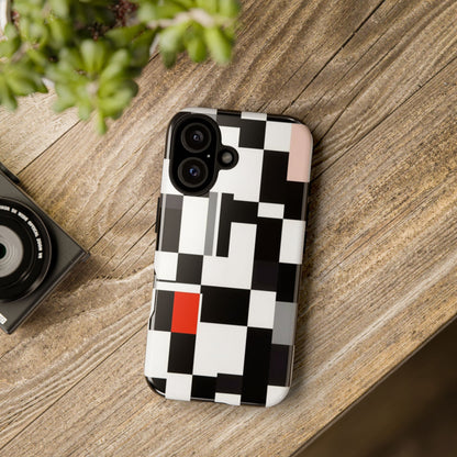 Abstract Geometric Phone Case – Black & White Checker Grid with Red Accent