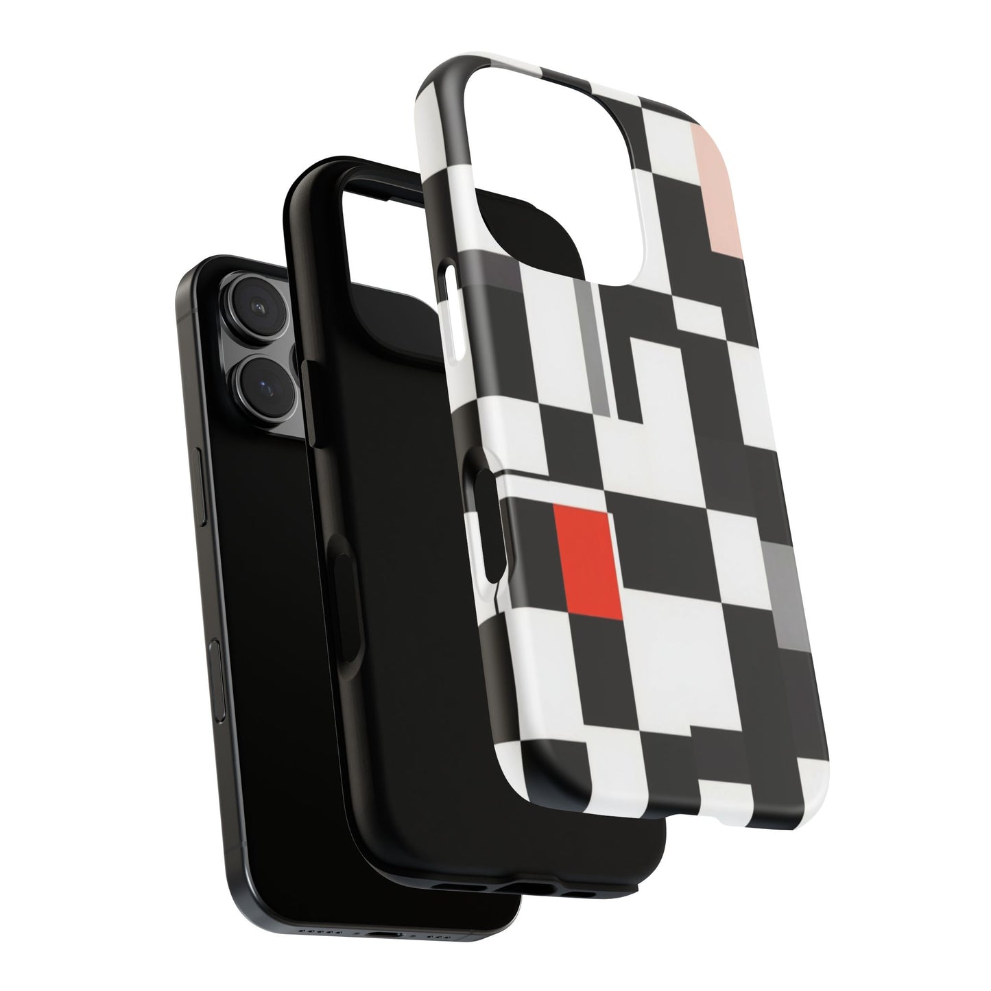 Abstract Geometric Phone Case – Black & White Checker Grid with Red Accent
