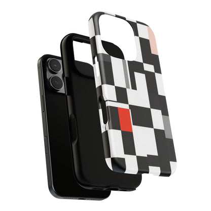 Abstract Geometric Phone Case – Black & White Checker Grid with Red Accent