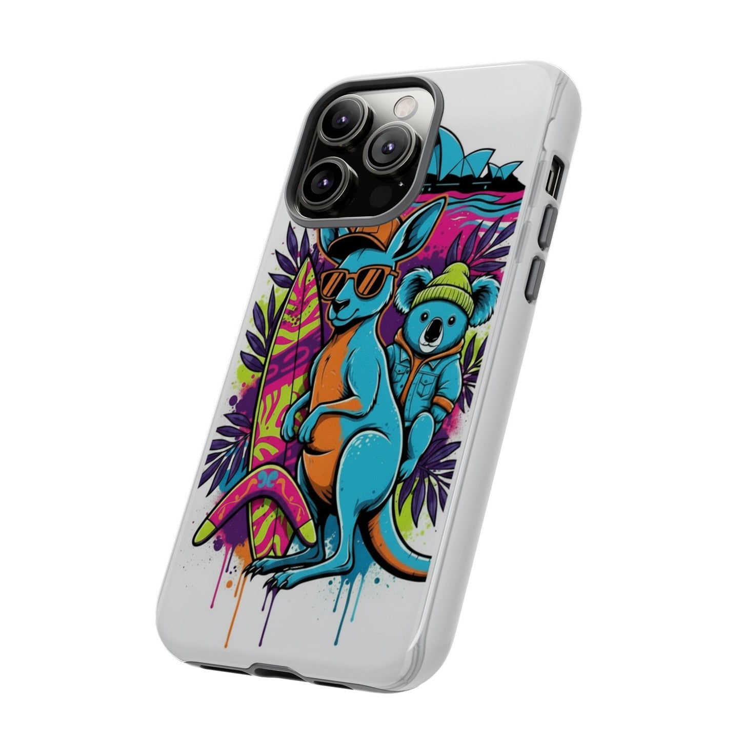 Kangaroo & Koala Surf Phone Case — Retro Neon Beach Art Tough Case