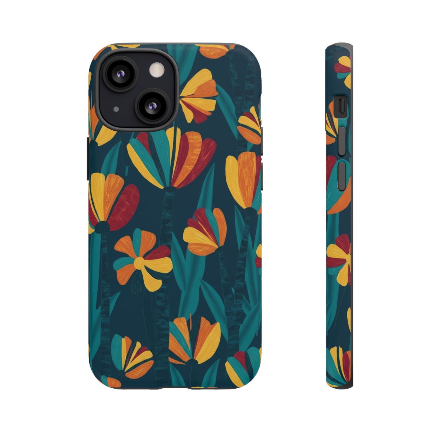 Floral Retro Teal Tough Phone Case — Vibrant Orange & Mustard Blooms