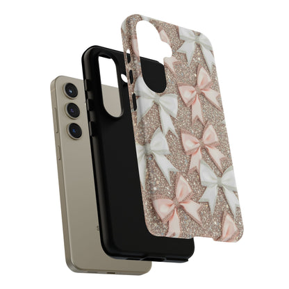 Glitter Bow Tough Phone Case — Pink & White Ribbon Protective Cover