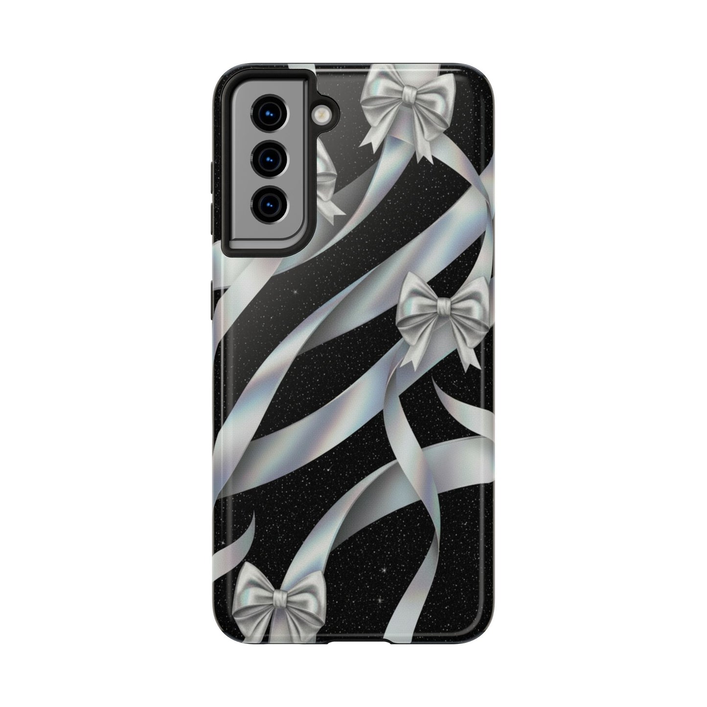 Silver Ribbon Bow Tough Phone Case — Glitter Black Protective Phone Case