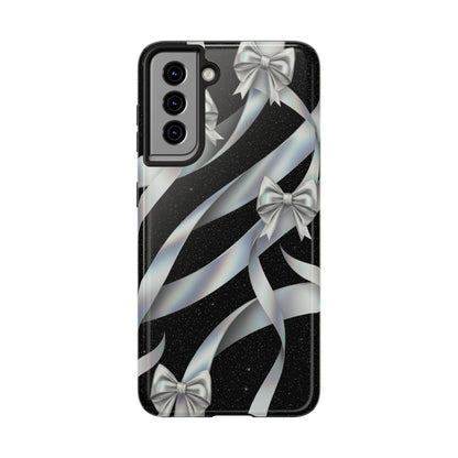 Silver Ribbon Bow Tough Phone Case — Glitter Black Protective Phone Case