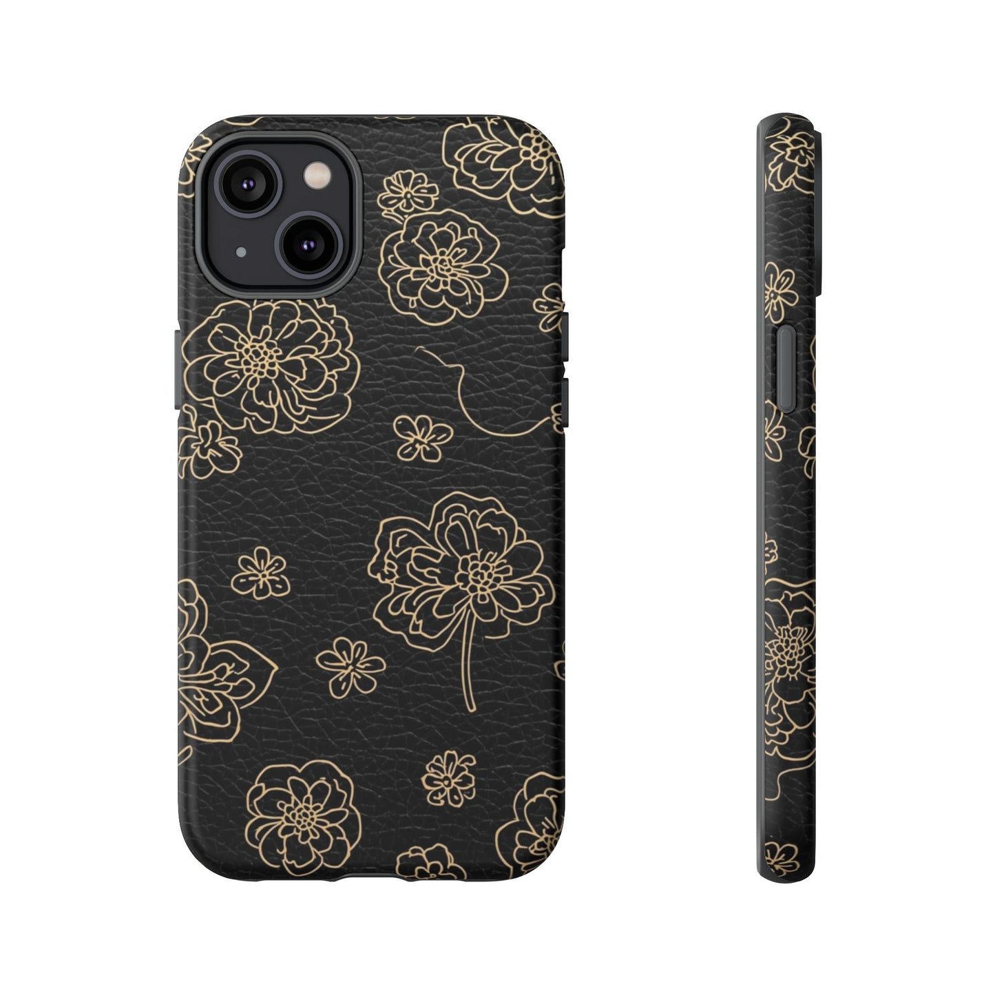 Floral Leather-Texture Tough Case – Black Gold Outline Phone Cover