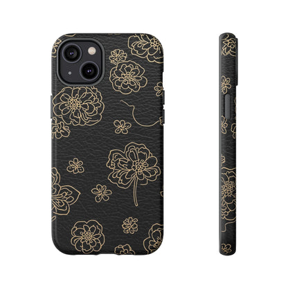 Floral Leather-Texture Tough Case – Black Gold Outline Phone Cover