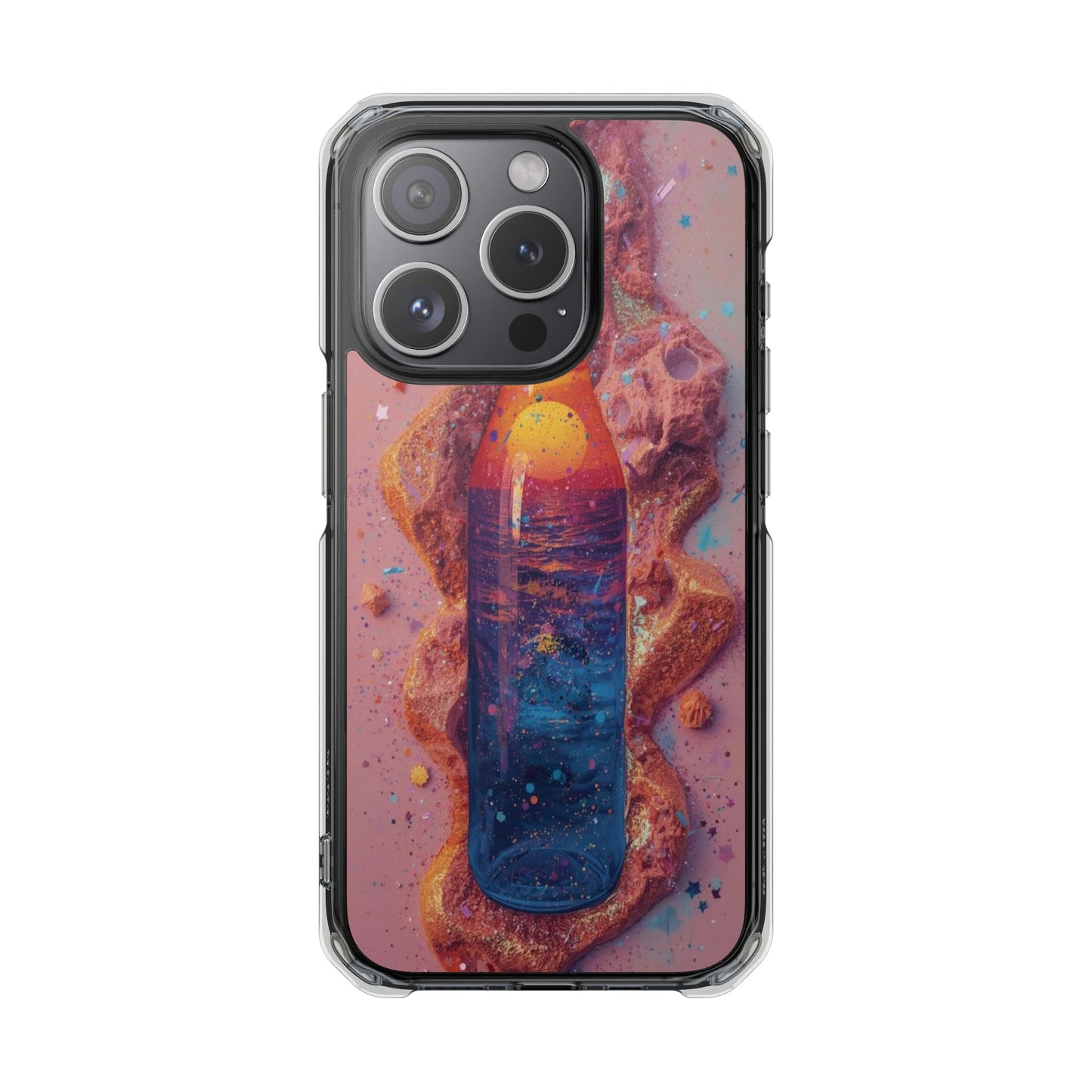 Clear Magnetic Phone Case — Cosmic Bottle Sunset Design