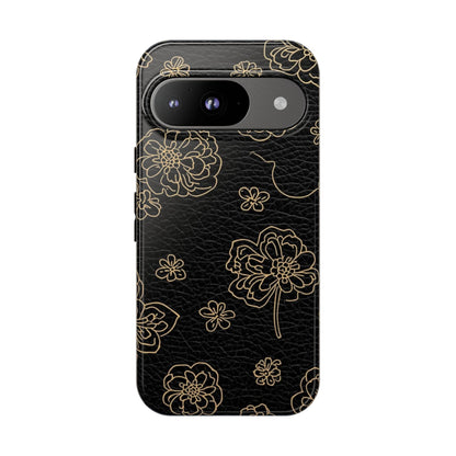Floral Leather-Texture Tough Case – Black Gold Outline Phone Cover