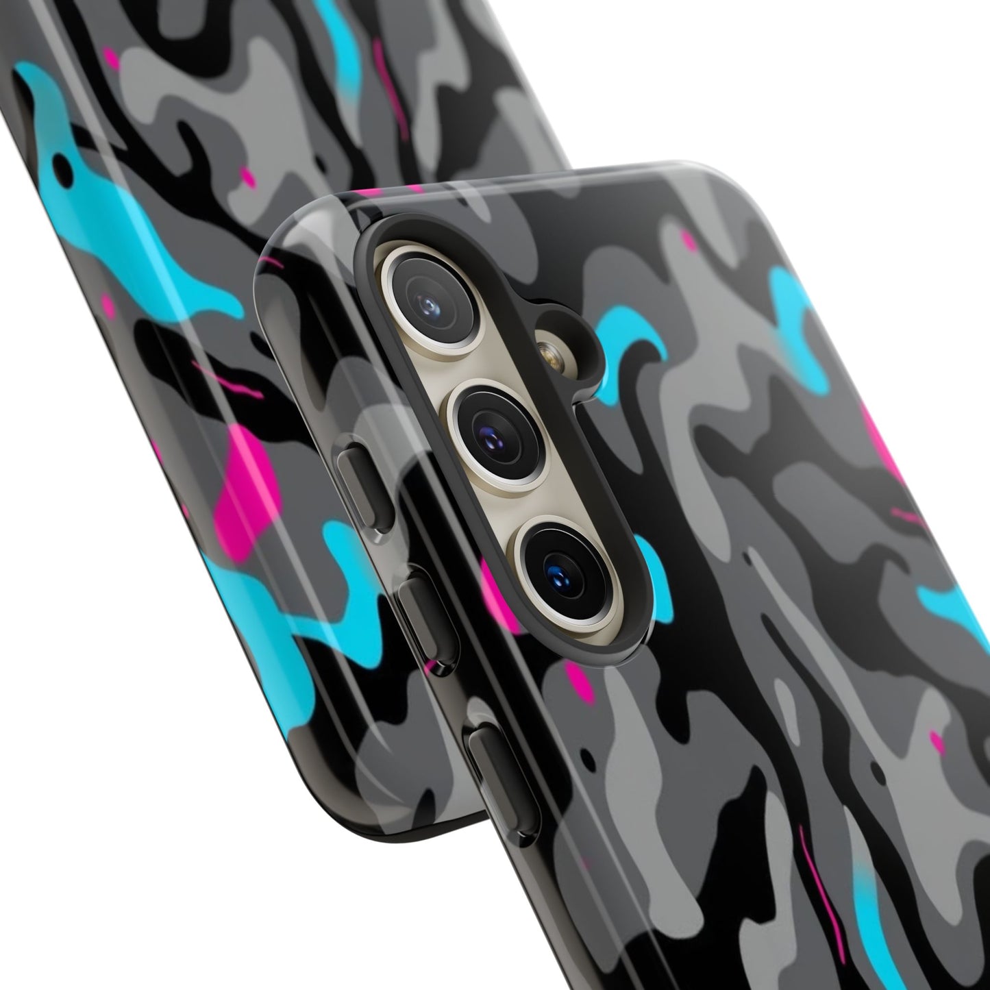 Camouflage Phone Case — Gray Camo with Neon Pink & Cyan Accent Tough Protective Cover