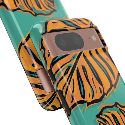 Tropical Leaf Tough Phone Case — Orange Monstera Design on Teal