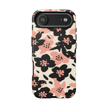 Floral Phone Case — Pink & Black Retro Blossom Protective Cover
