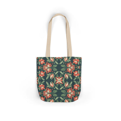 Floral Kaleidoscope Canvas Tote Bag — Green & Coral Patterned Market Tote