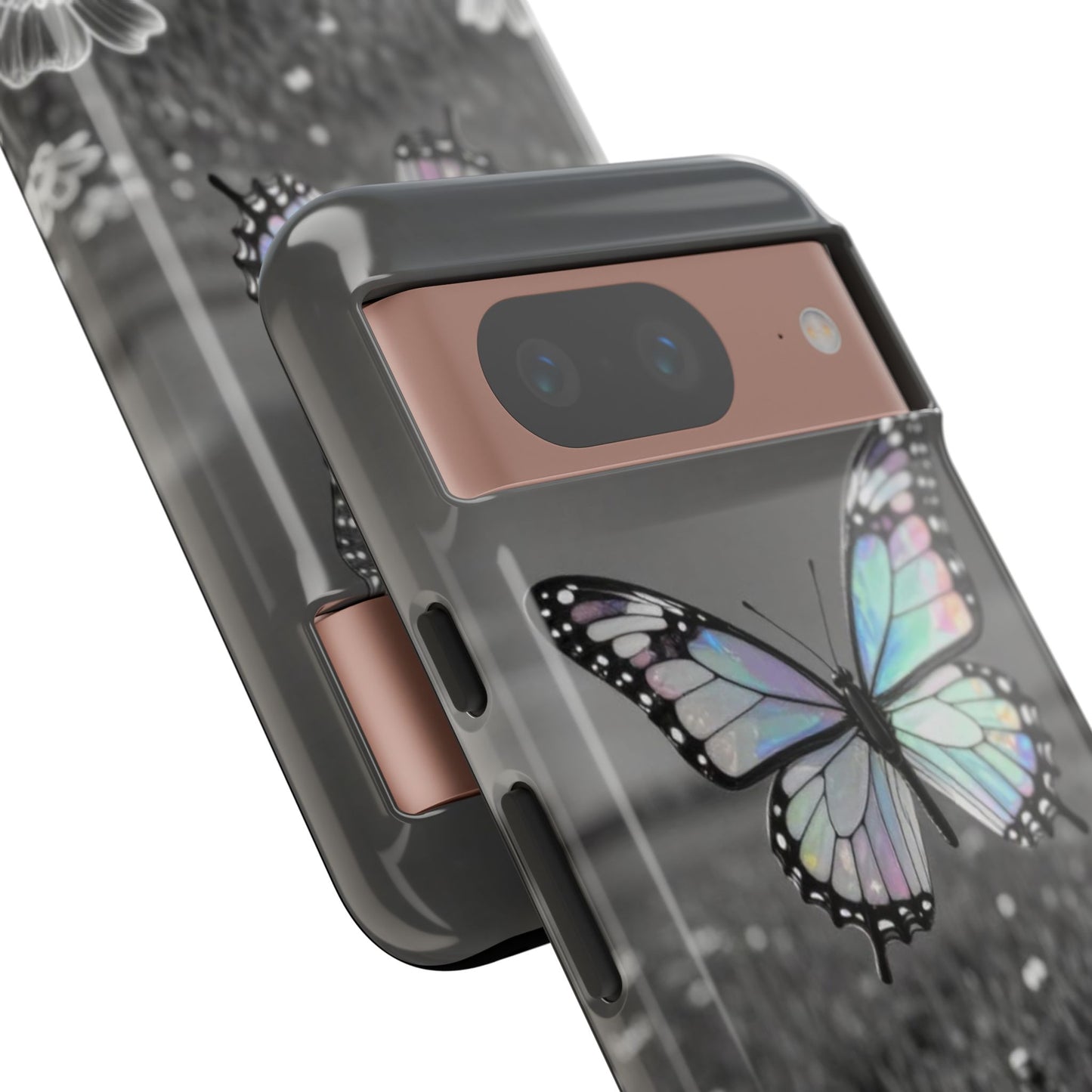 Butterfly Field Tough Phone Case — Pastel Holographic Butterfly on Black & White Floral Background