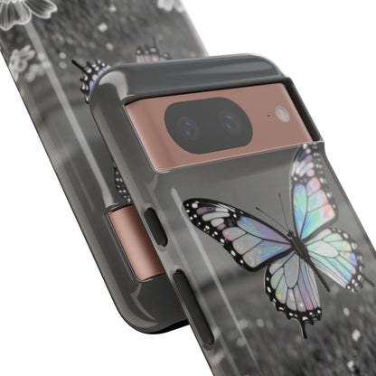 Butterfly Field Tough Phone Case — Pastel Holographic Butterfly on Black & White Floral Background