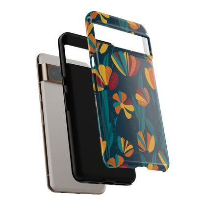 Floral Retro Teal Tough Phone Case — Vibrant Orange & Mustard Blooms