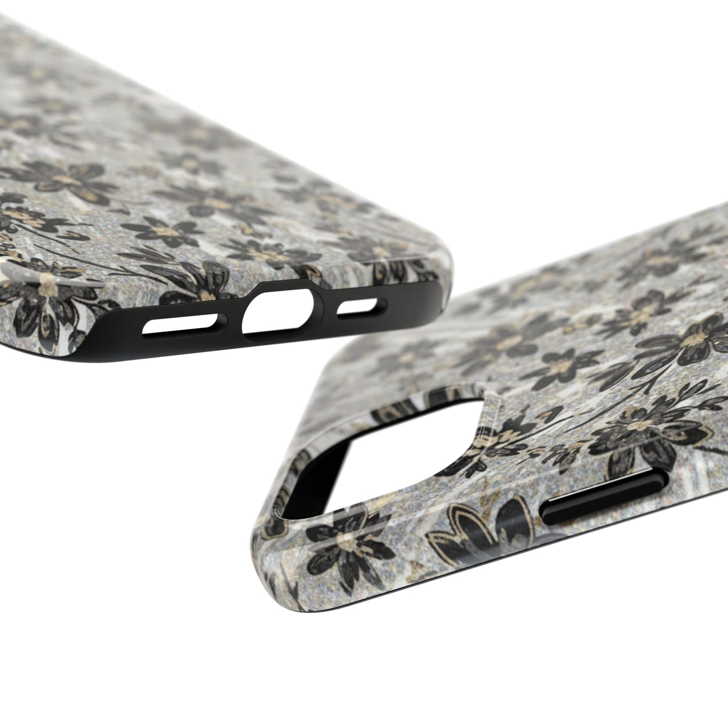 Floral Vintage Tough Phone Case — Black & Gray Rustic Flower Protective Case