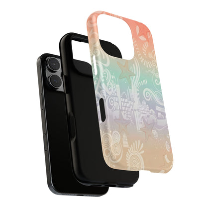 Tough Cases: Pastel Beach Pattern Phone Case — Starfish & Coastal Cityscape Protective Cover