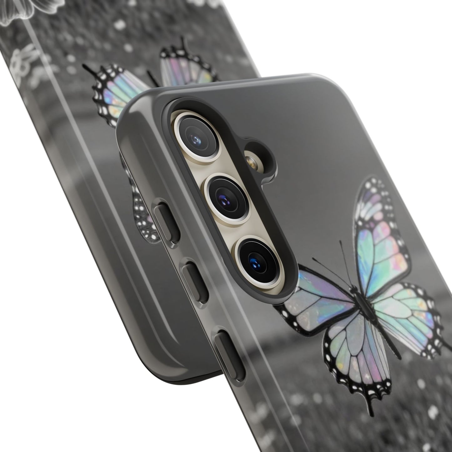 Butterfly Field Tough Phone Case — Pastel Holographic Butterfly on Black & White Floral Background