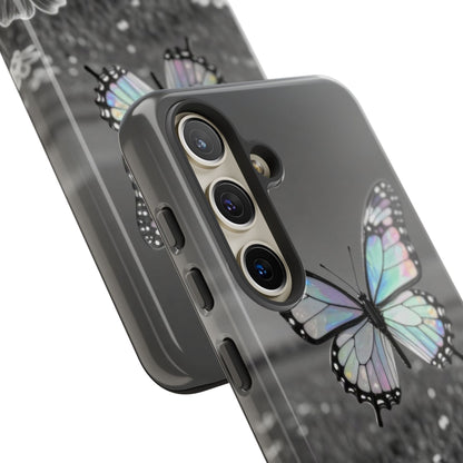 Butterfly Field Tough Phone Case — Pastel Holographic Butterfly on Black & White Floral Background