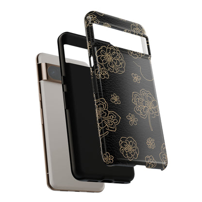 Floral Leather-Texture Tough Case – Black Gold Outline Phone Cover