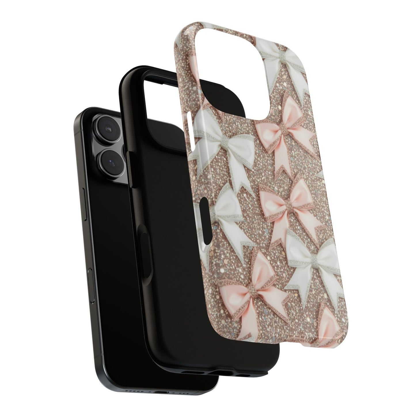 Glitter Bow Tough Phone Case — Pink & White Ribbon Protective Cover