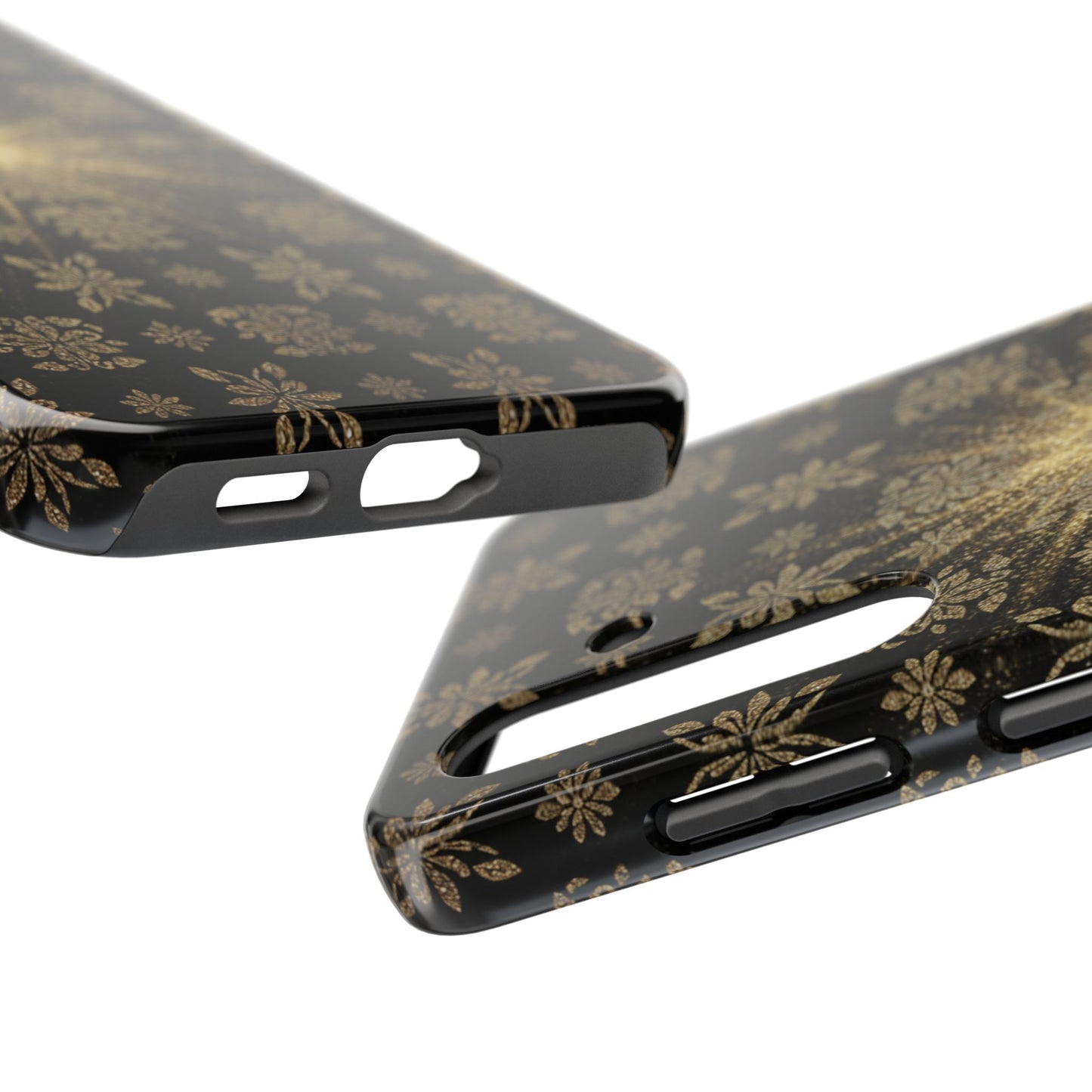 Glitter Burst Tough Phone Case — Black & Gold Floral Protective Cover