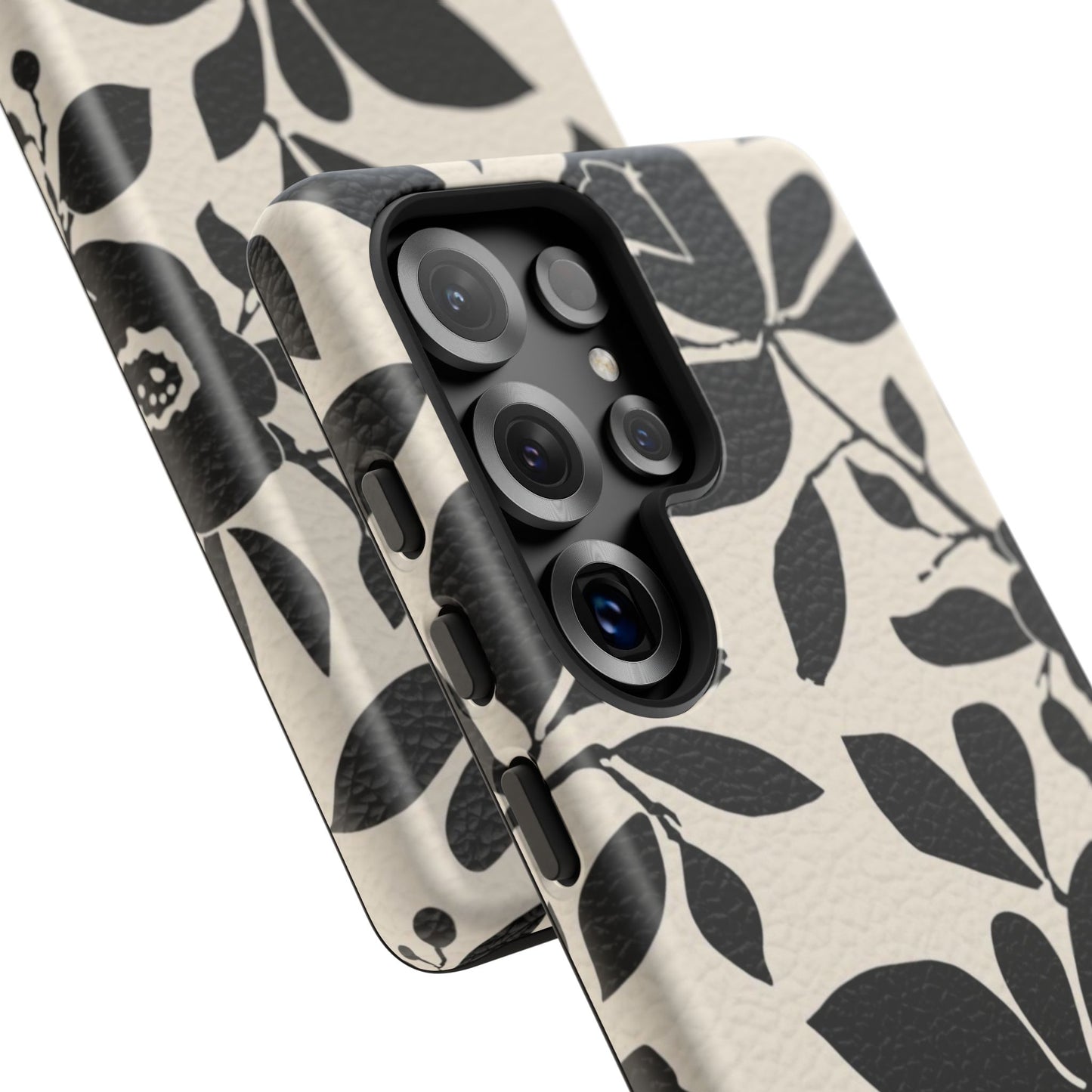 Black Floral Pattern Phone Case — Monochrome Botanical Tough Case