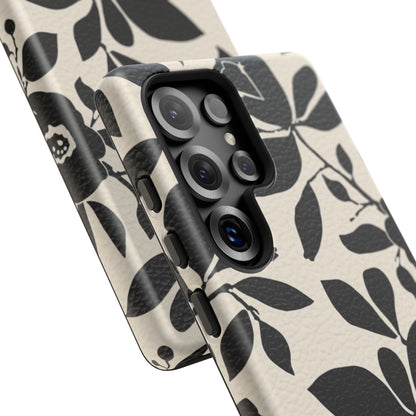 Black Floral Pattern Phone Case — Monochrome Botanical Tough Case