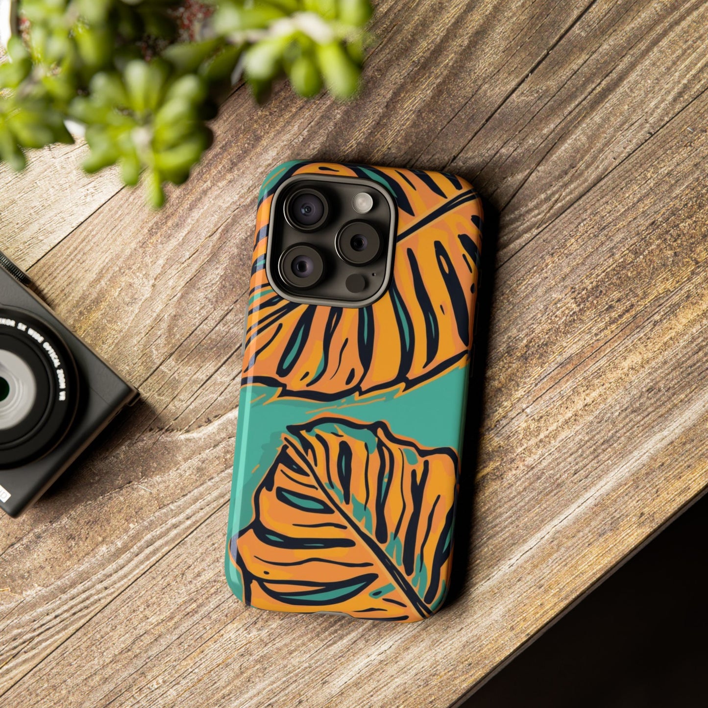 Tropical Leaf Tough Phone Case — Orange Monstera Design on Teal