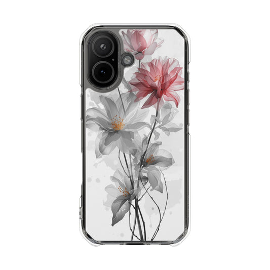 Clear Magnetic Phone Case — Watercolor Pink & Gray Floral Impact Protection