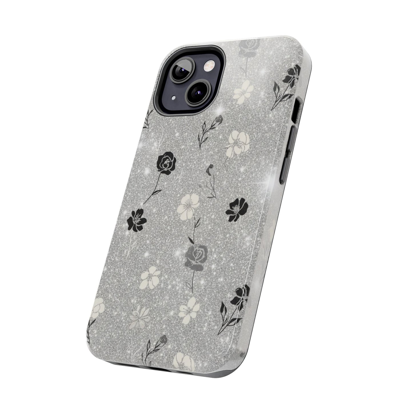 Floral Glitter Tough Phone Case — Black & Silver Vintage Flower Protective Cover