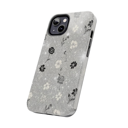 Floral Glitter Tough Phone Case — Black & Silver Vintage Flower Protective Cover
