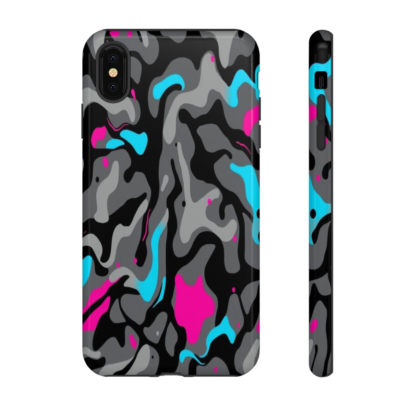 Camouflage Phone Case — Gray Camo with Neon Pink & Cyan Accent Tough Protective Cover