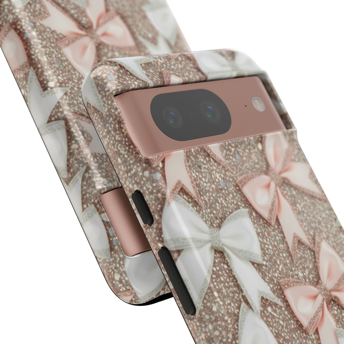 Glitter Bow Tough Phone Case — Pink & White Ribbon Protective Cover