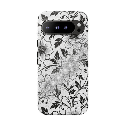 Floral Lace Phone Case — Black & White Vintage Flower Protective Case