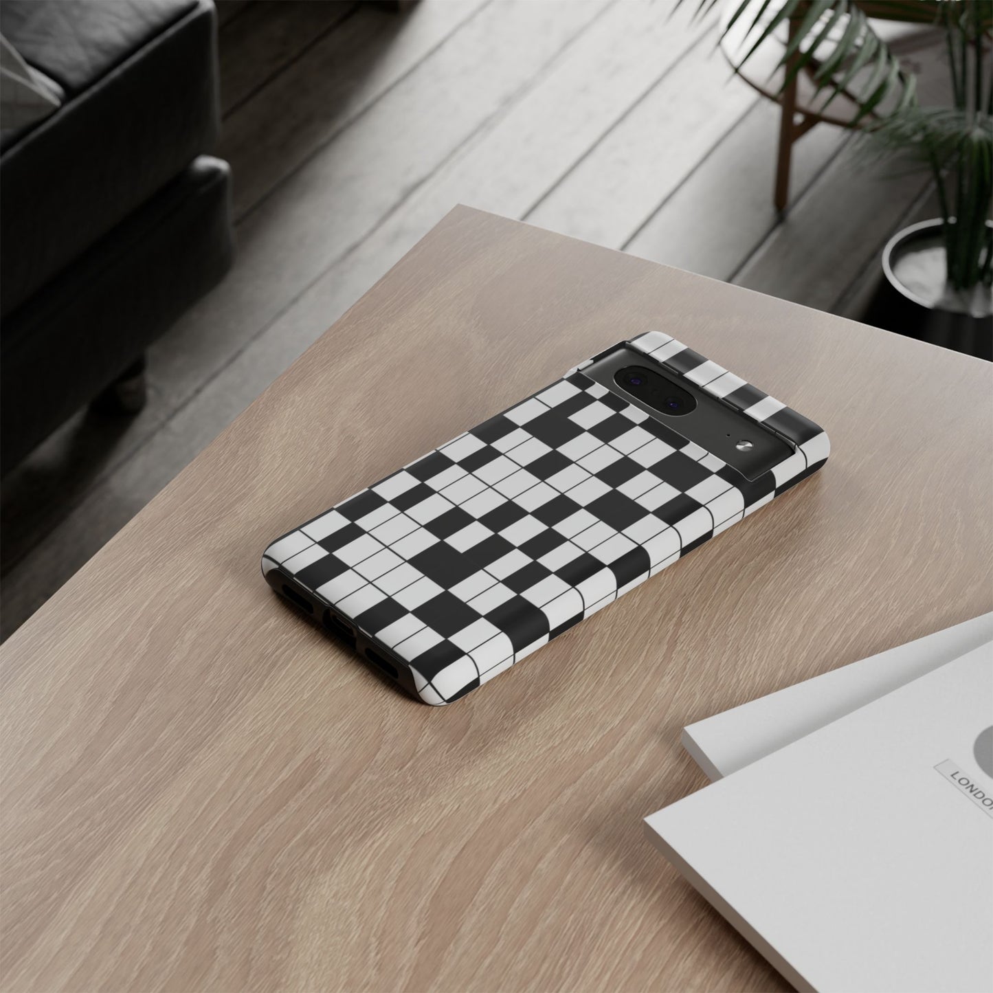 Crossword Grid Phone Case — Black & White Puzzle Pattern Tough Phone Cover