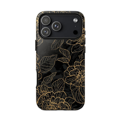 Floral Gold Outline Tough Phone Case – Black Botanical Protective Cover