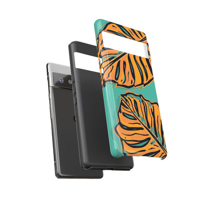 Tropical Leaf Tough Phone Case — Orange Monstera Design on Teal