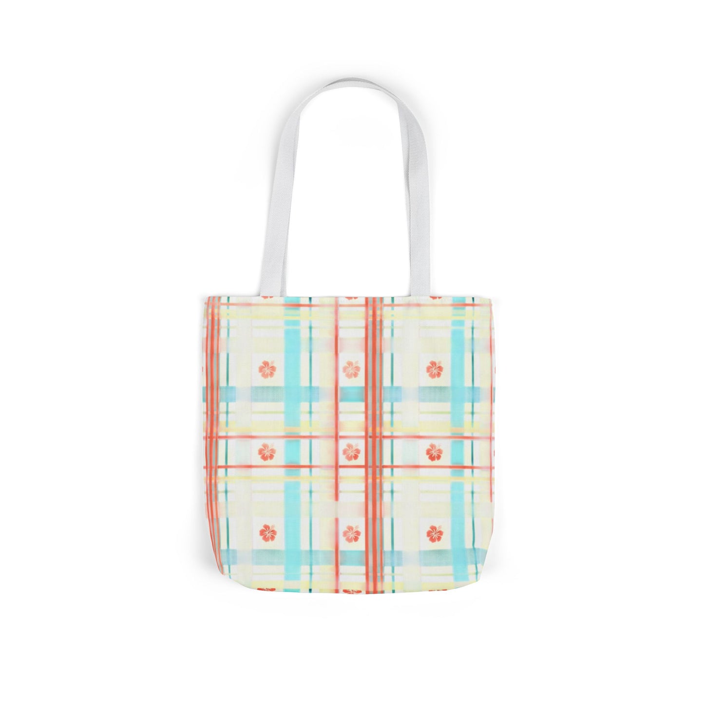 Floral Pastel Plaid Tote Bag — Canvas Shoulder Bag with Colorful Straps
