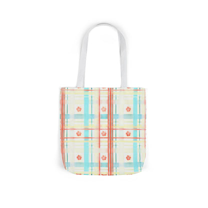 Floral Pastel Plaid Tote Bag — Canvas Shoulder Bag with Colorful Straps