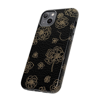 Floral Leather-Texture Tough Case – Black Gold Outline Phone Cover