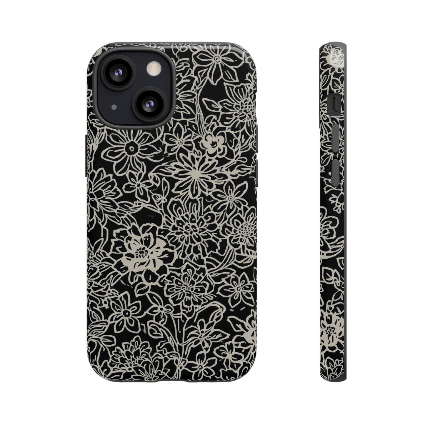 Floral Doodle Tough Phone Case — Black & White Sketch Flower Protective Cover