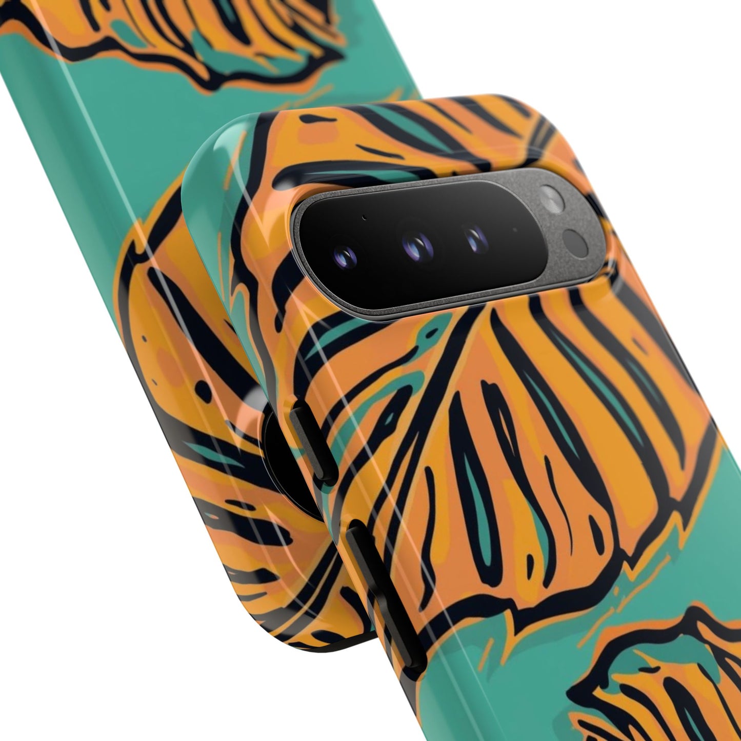 Tropical Leaf Tough Phone Case — Orange Monstera Design on Teal