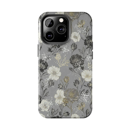 Floral Gray Tough Phone Case — Elegant Protective Phone Cover with Gold Accent