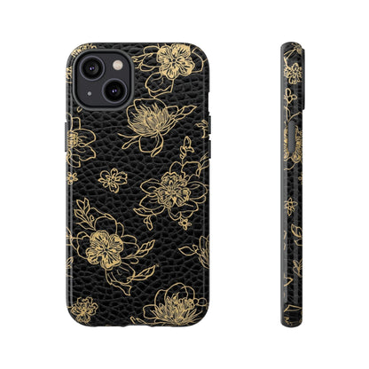 Floral Leather Phone Case — Gold Outline Flowers on Black Tough Case