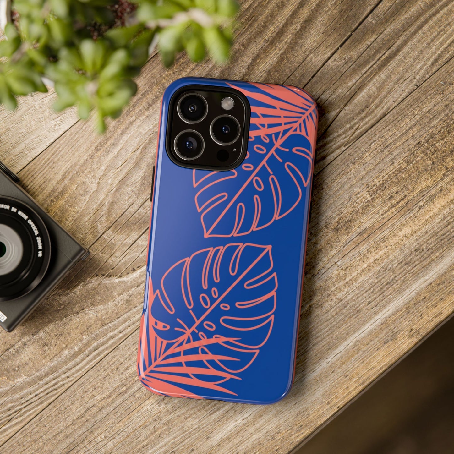 Tropical Monstera Phone Case — Blue & Coral Leaf Protective Cover