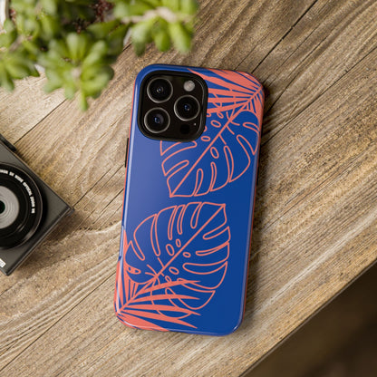 Tropical Monstera Phone Case — Blue & Coral Leaf Protective Cover