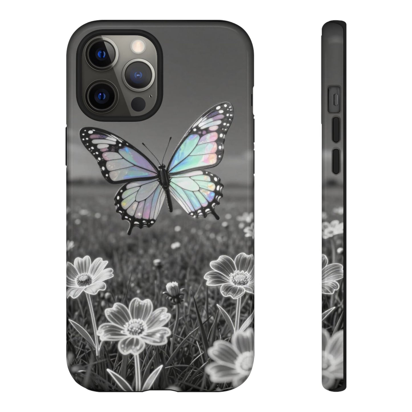 Butterfly Field Tough Phone Case — Pastel Holographic Butterfly on Black & White Floral Background