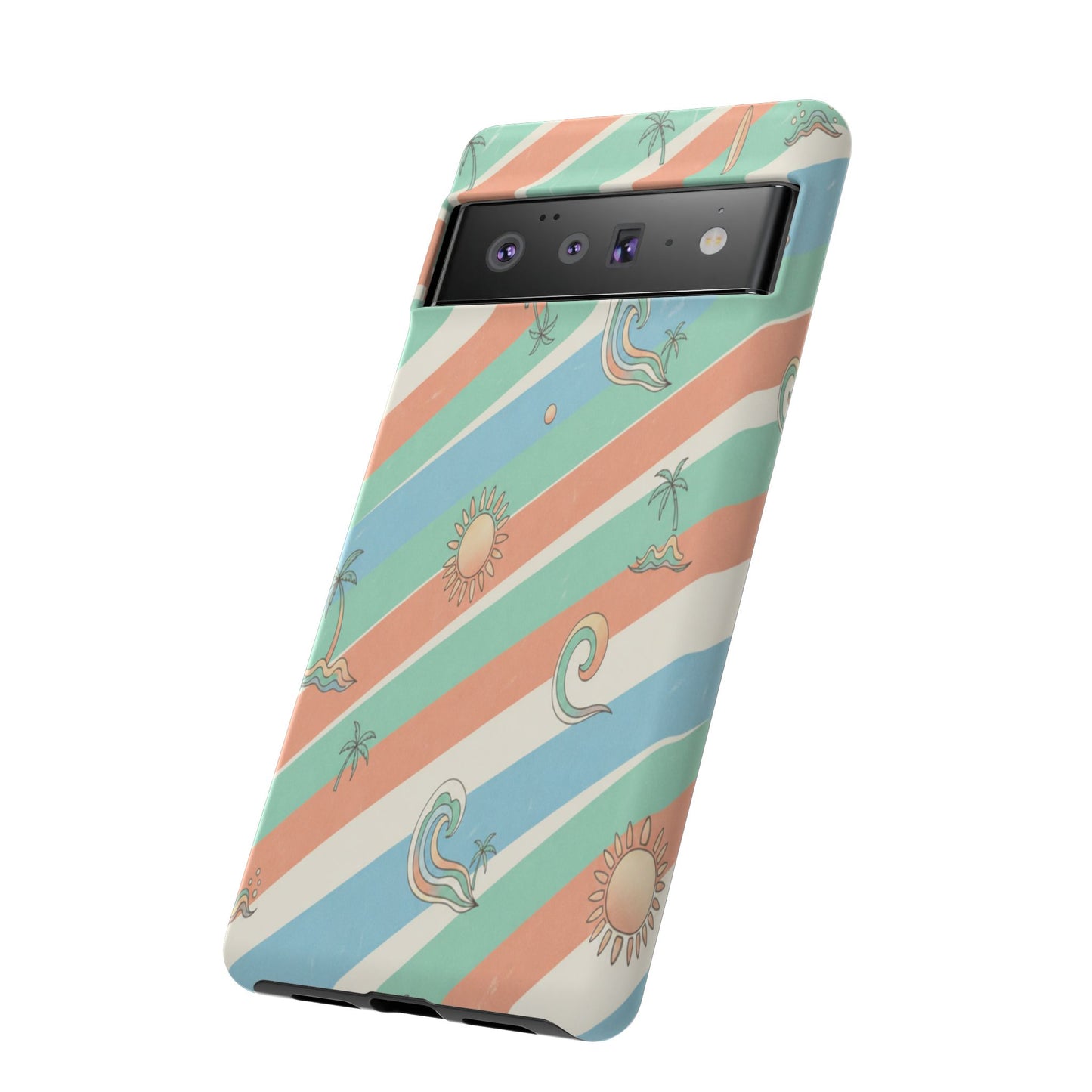 Retro Beach Stripes Phone Case — Sun, Waves & Palm Pattern Tough Case