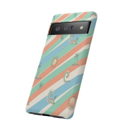 Retro Beach Stripes Phone Case — Sun, Waves & Palm Pattern Tough Case